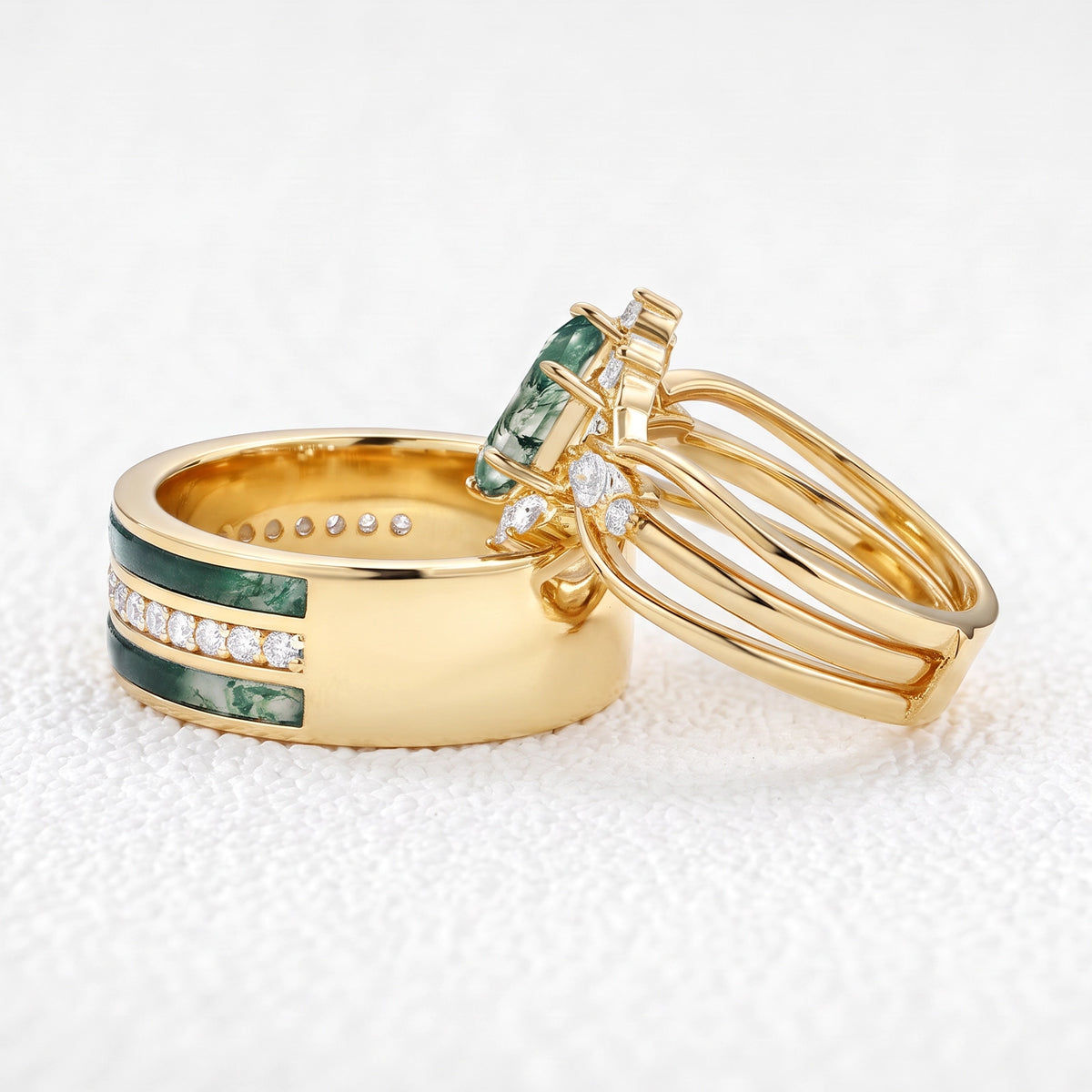 Isolde’s Enclave  | Vintage Long Hexagon Moss Agate & Moissanite Couple Ring Set 3pcs