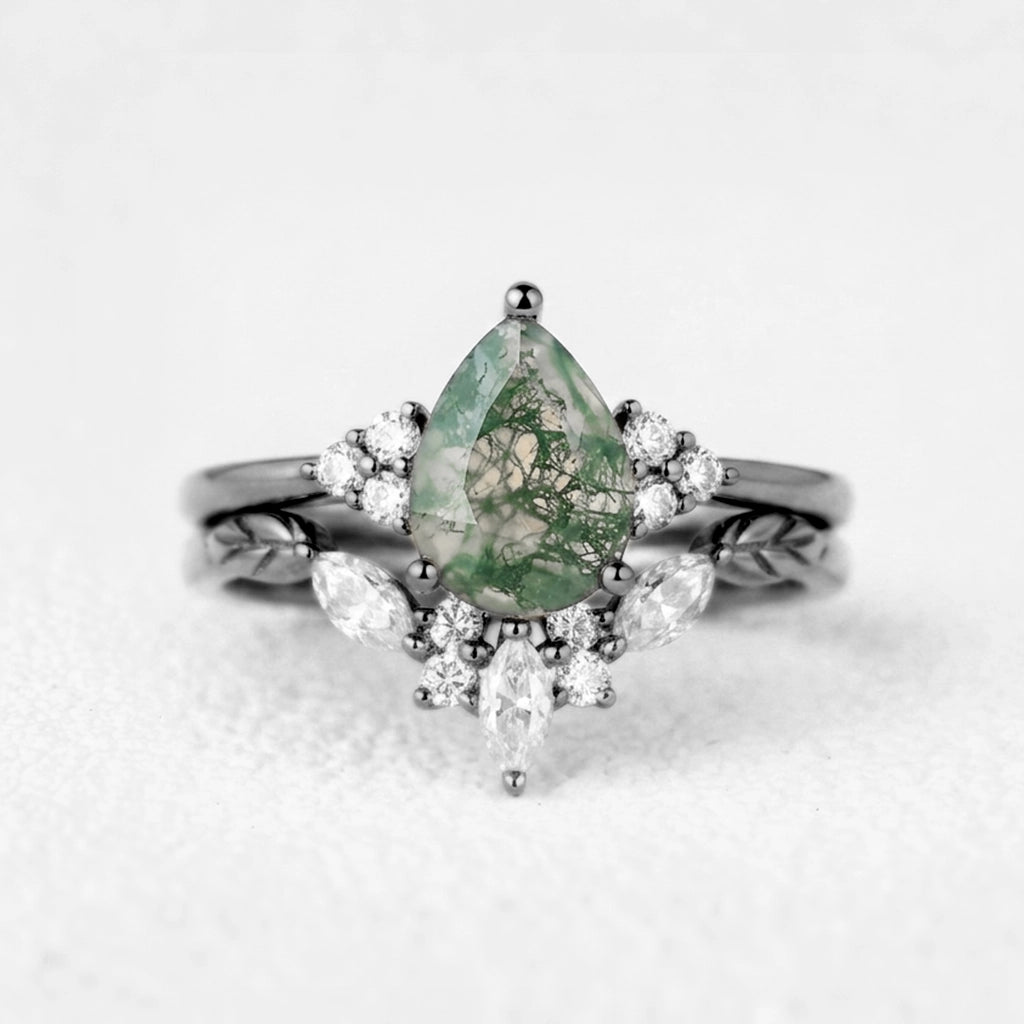Clarissa Unique Moss Agate Engagement Ring Set 2pcs.