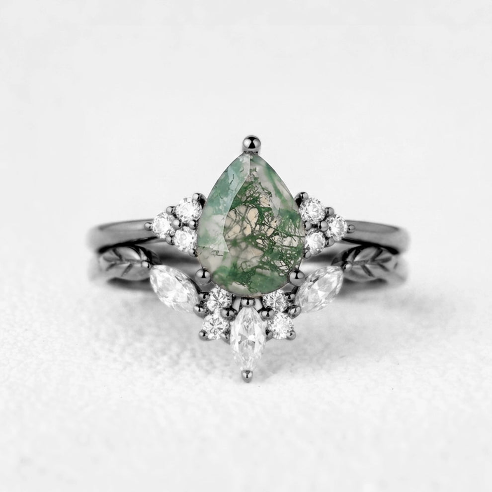 Clarissa Unique Moss Agate Engagement Ring Set 2pcs.