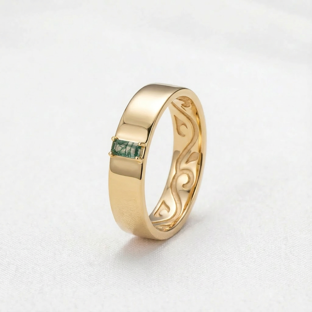 Moss Trace | Inner Engraved Moss Agate Men's Wedding Band.