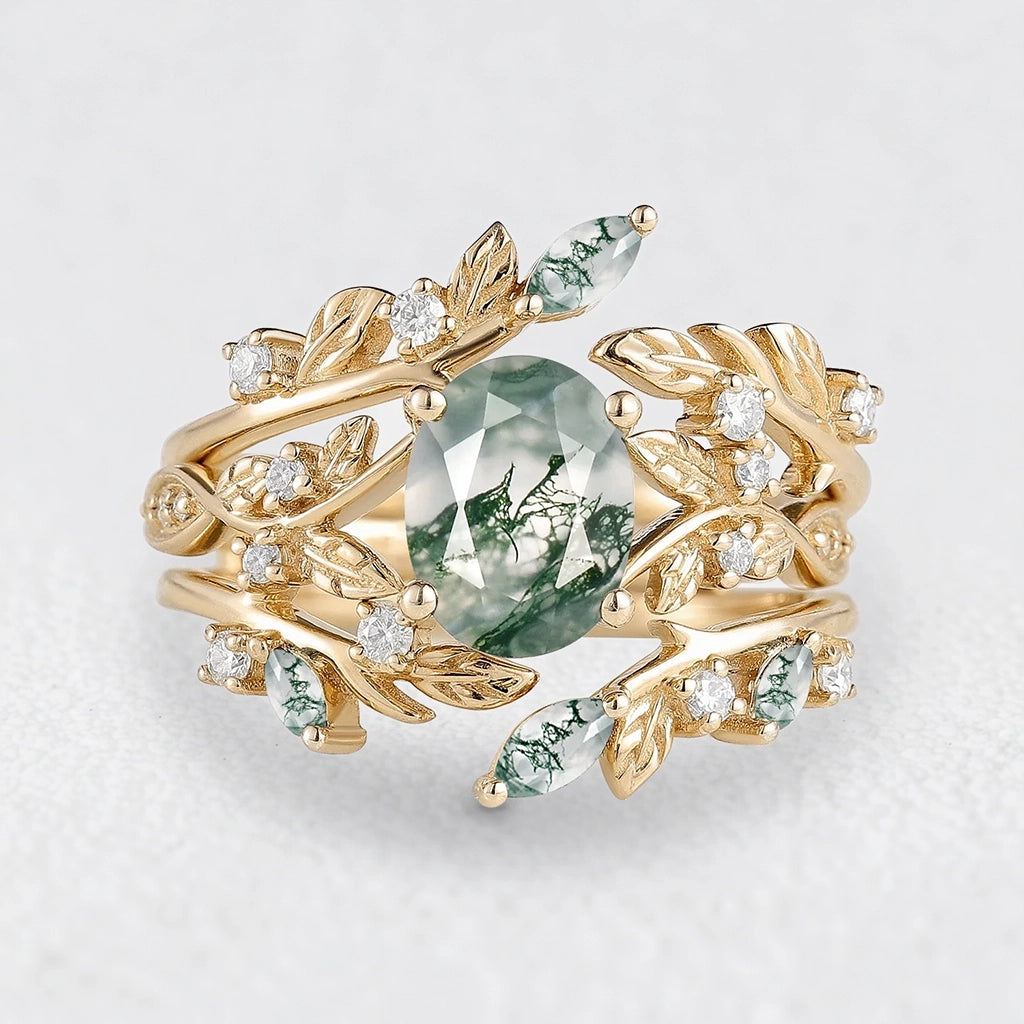 Sylvie’s Bower | Oval Cut Moss Agate Leafy Bridal Set 2pcs.