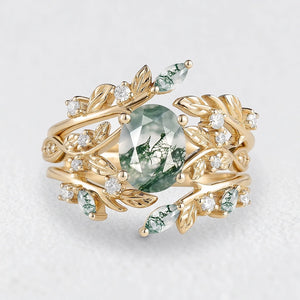 Sylvie’s Bower | Oval Cut Moss Agate Leafy Bridal Set 2pcs.