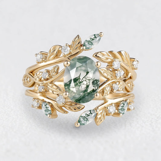 Sylvie’s Bower | Oval Cut Moss Agate Leafy Bridal Set 2pcs.