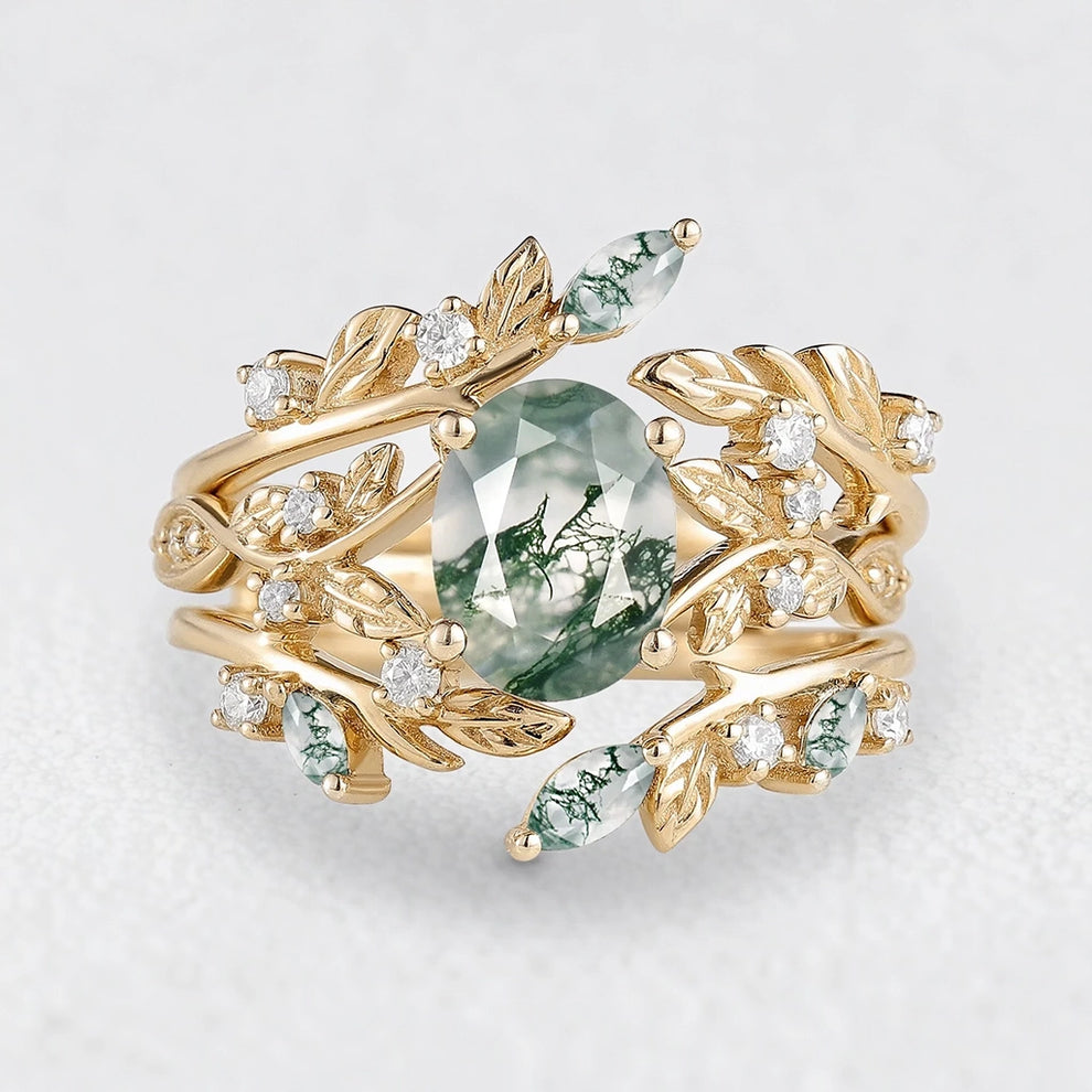 Sylvie’s Bower | Oval Cut Moss Agate Leafy Bridal Set 2pcs.