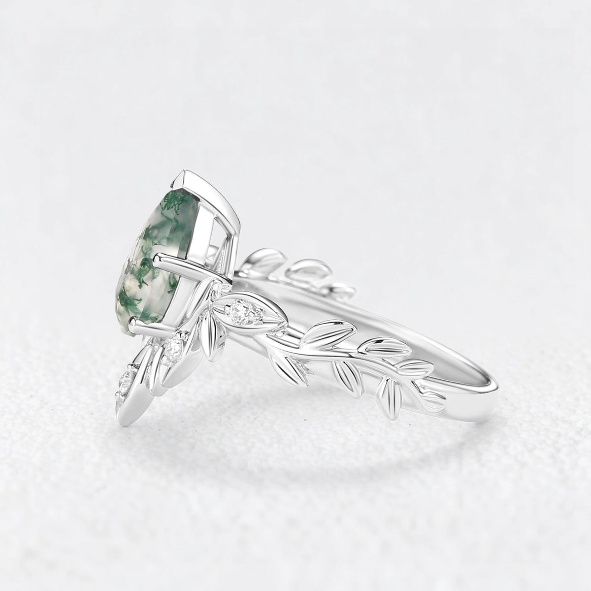 Calista’s Frond | Pear Cut Moss Agate Leafy Engagement Ring