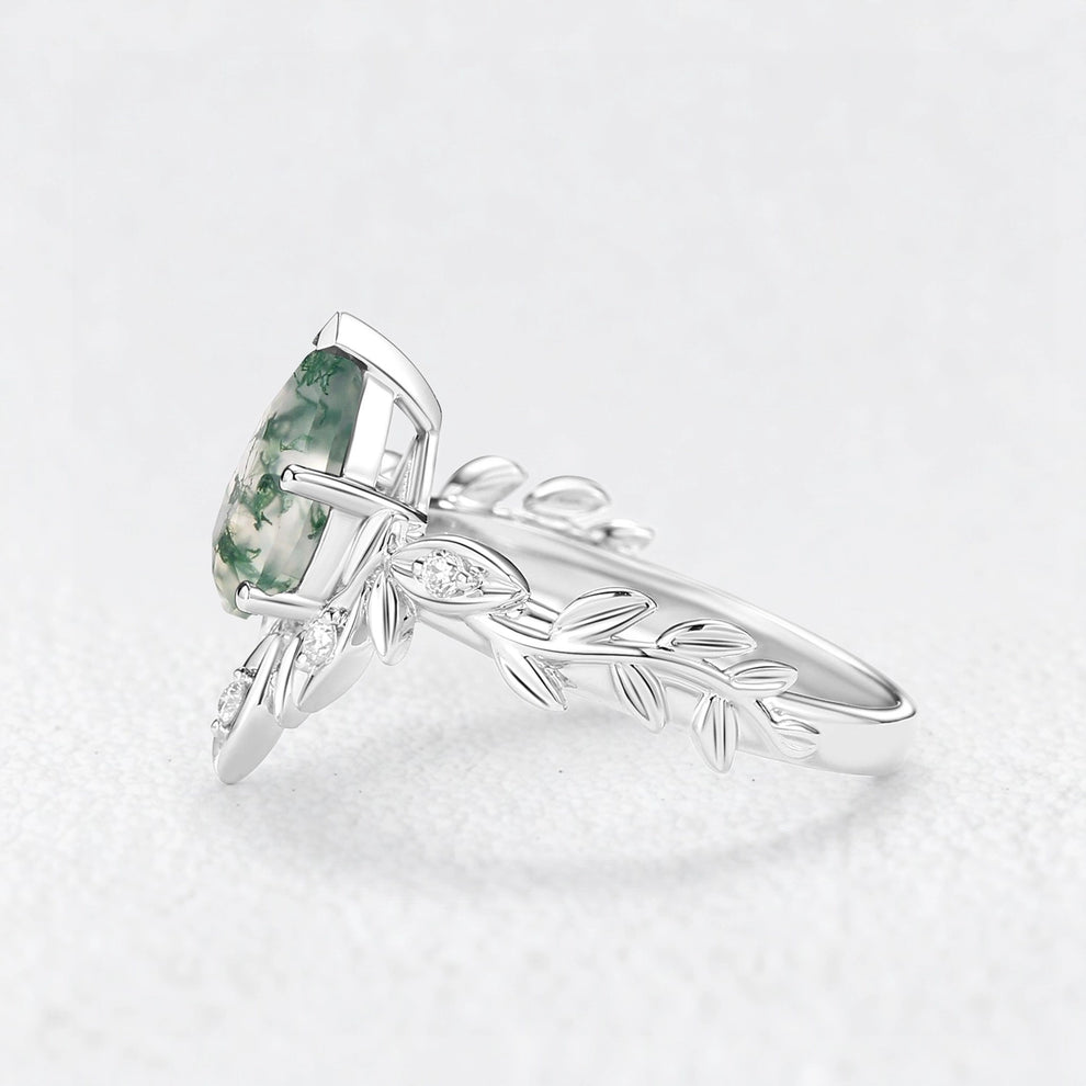 Calista’s Frond | Pear Cut Moss Agate Leafy Engagement Ring