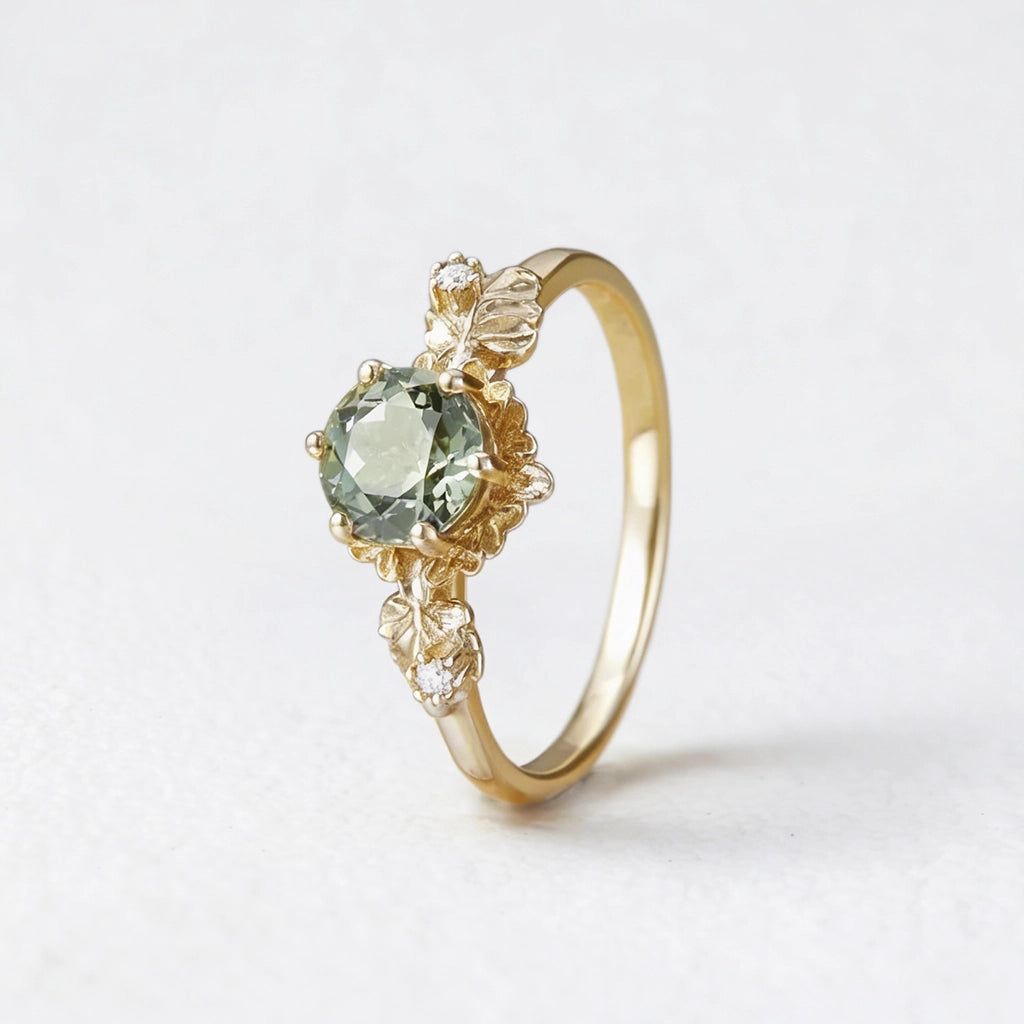 Sylvie’s Blossom | Round Green Sapphire Floral Engagement Ring.