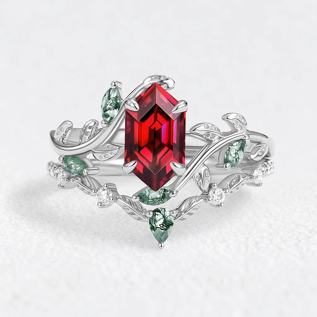 Daphne’s Laurel | Hexagon Cut Moss Agate & Emerald Vine Duo
