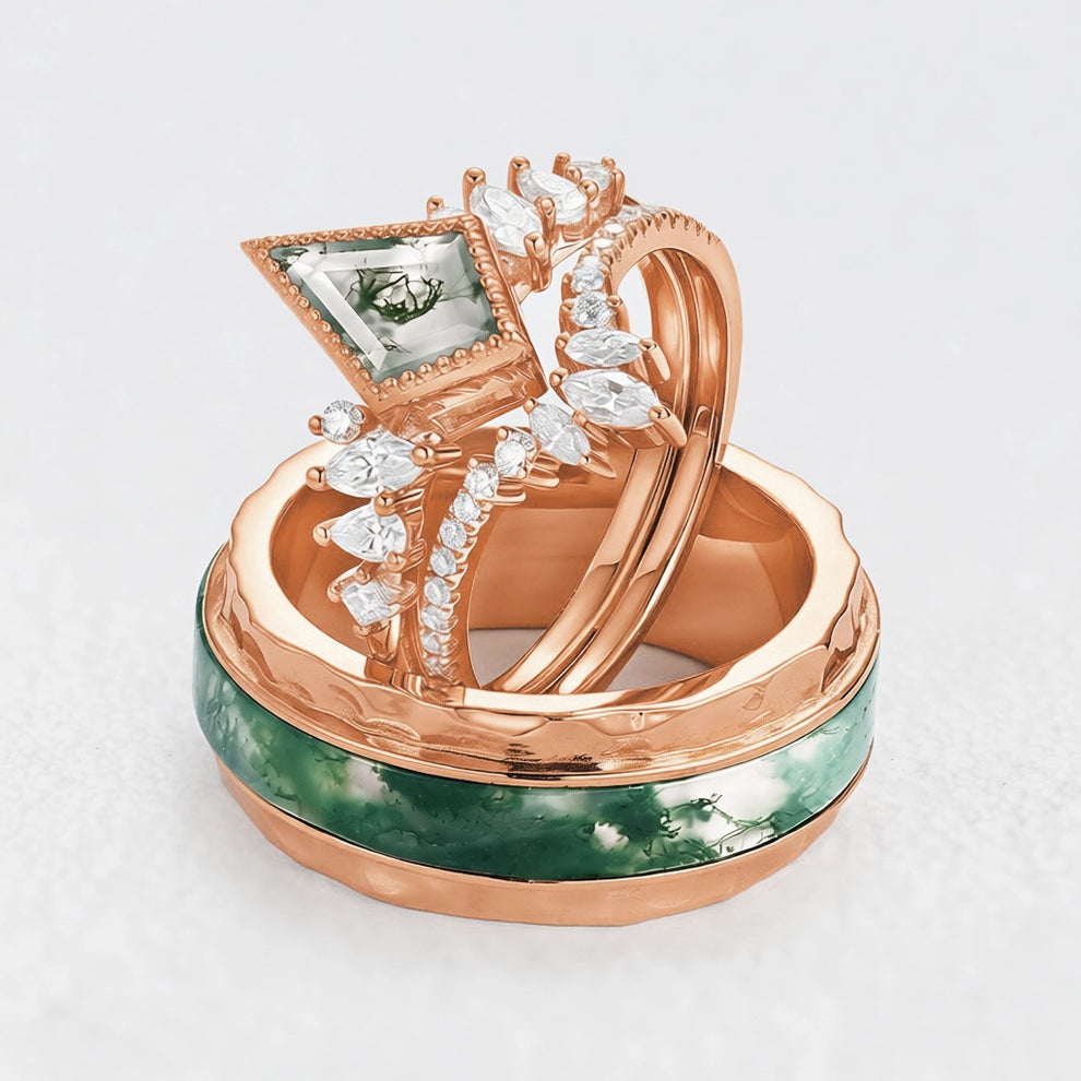 Sylvie’s Cluster | Kite Cut Moss Agate Engagement Couple Ring Set 3pcs.