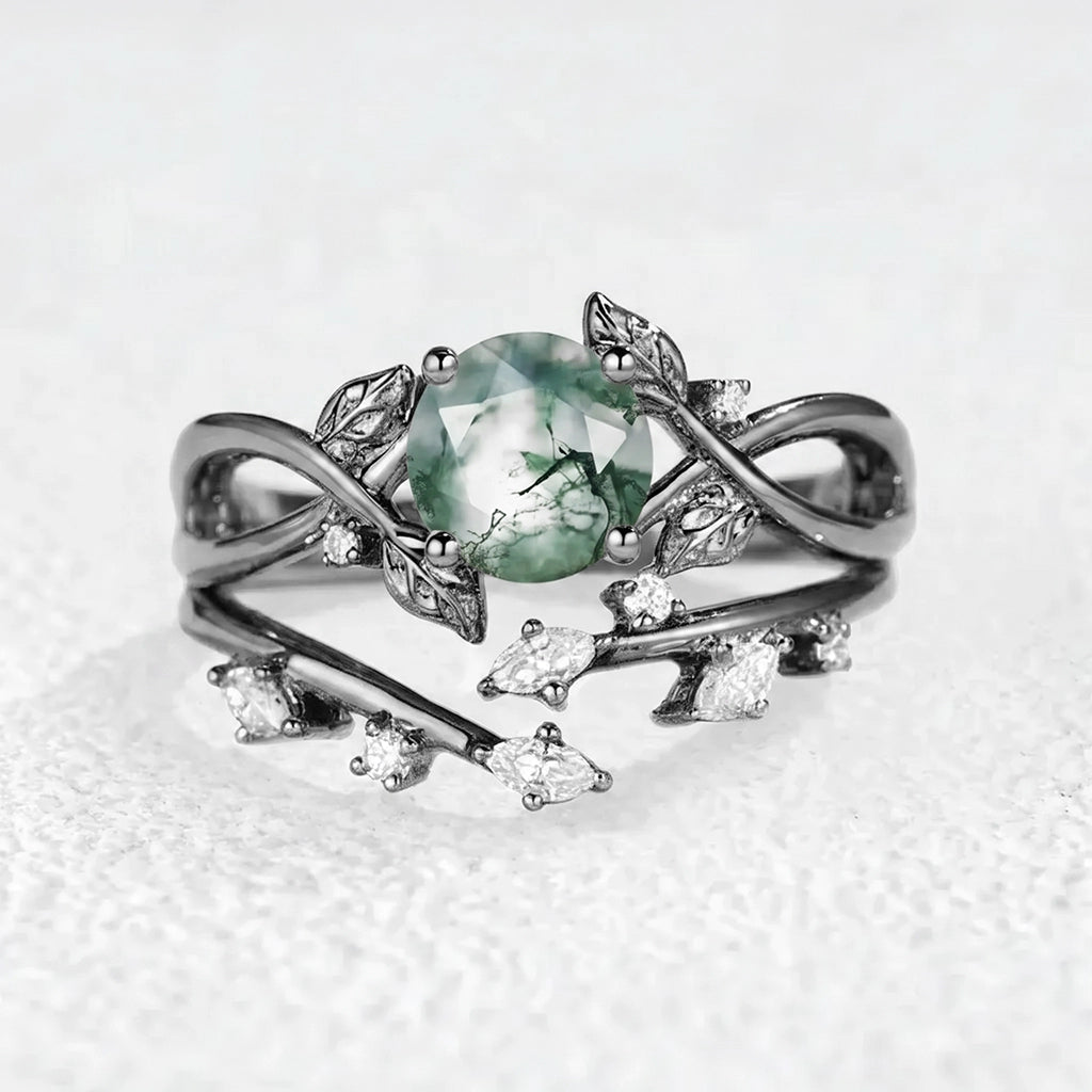 Cordelia Round Cut Moss Agate Leafy Infinity Bridal Set 2pcs.
