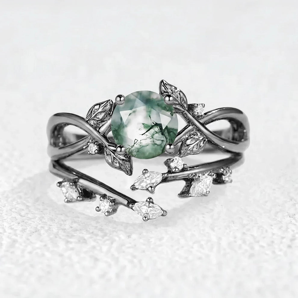 Cordelia Round Cut Moss Agate Leafy Infinity Bridal Set 2pcs.