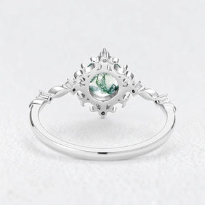 Rosalind’s Verdant | Vintage Round Moss Agate Cluster Engagement Ring