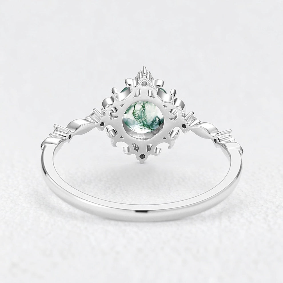 Rosalind’s Verdant | Vintage Round Moss Agate Cluster Engagement Ring