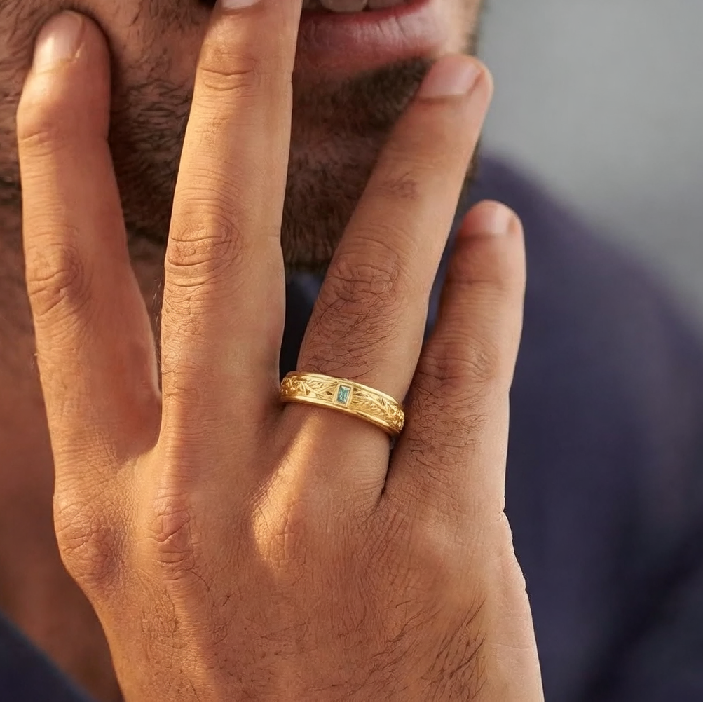 Mistletoe Forge | Bezel Baguette Green Sapphire Men's Wedding Band.