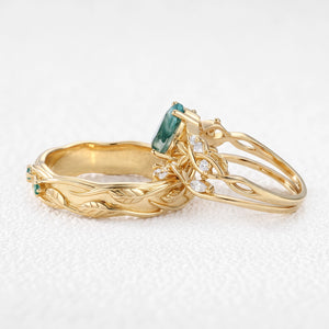 Sylvie’s Laurel | Pear-Cut Moss Agate Foliage Couple Ring Set 3pcs