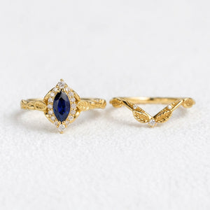 Victoria’s Diadem | Marquise Cut Sapphire & Diamond Halo Bridal Set 2pcs.