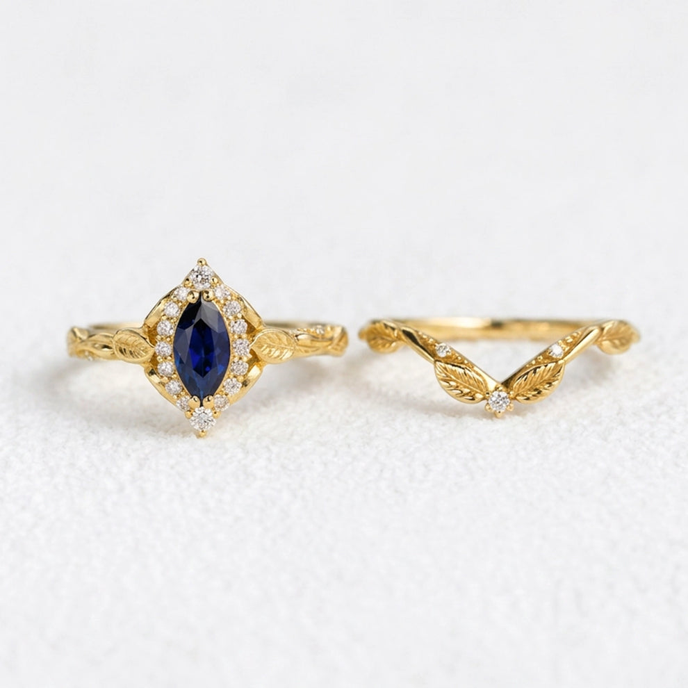 Victoria’s Diadem | Marquise Cut Sapphire & Diamond Halo Bridal Set 2pcs.