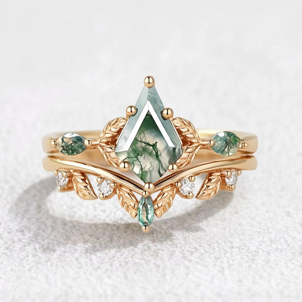 Unique Moss Agate Kite Cut Leaf Ring Set 2pcs.