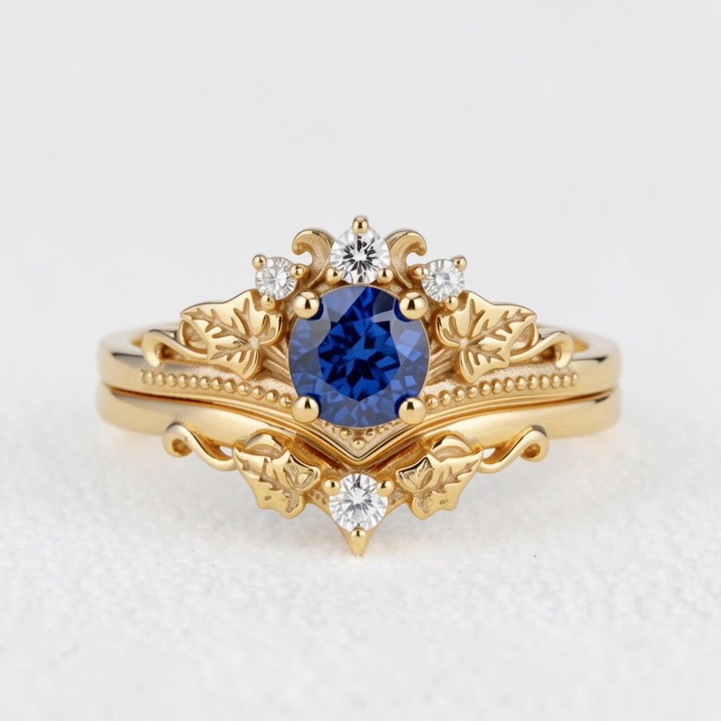 Ivy’s Wreath | Round Blue Sapphire & Diamond Vintage Bridal Set 2pcs.