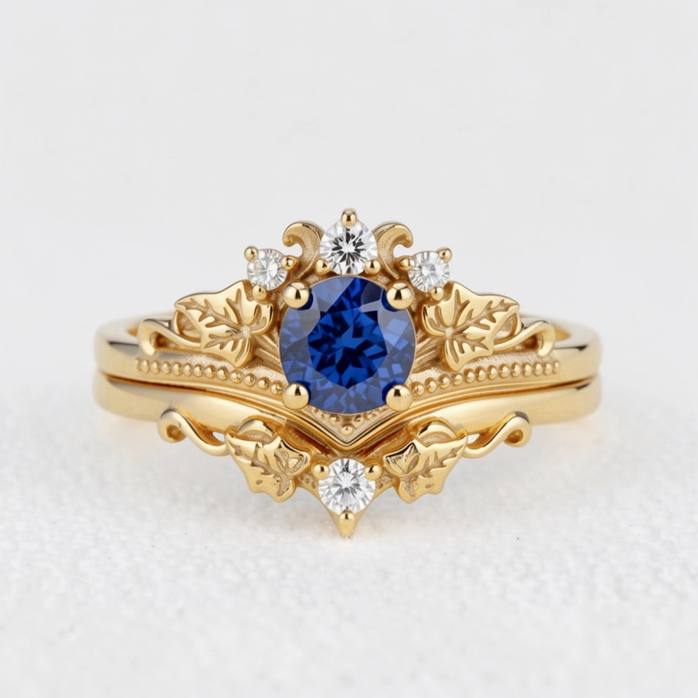 Ivy’s Wreath | Round Blue Sapphire & Diamond Vintage Bridal Set 2pcs.