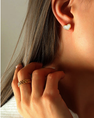 Minimalist Gold Heart Stud Earrings with Mother of Pearl