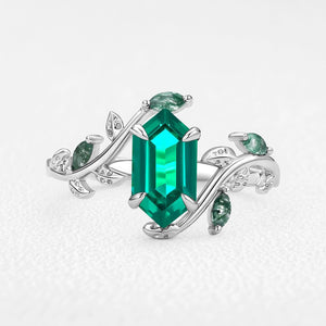 Sylvie’s Herbarium | Vintage Hexagon Moss Agate & Emerald Leafy Engagement Ring