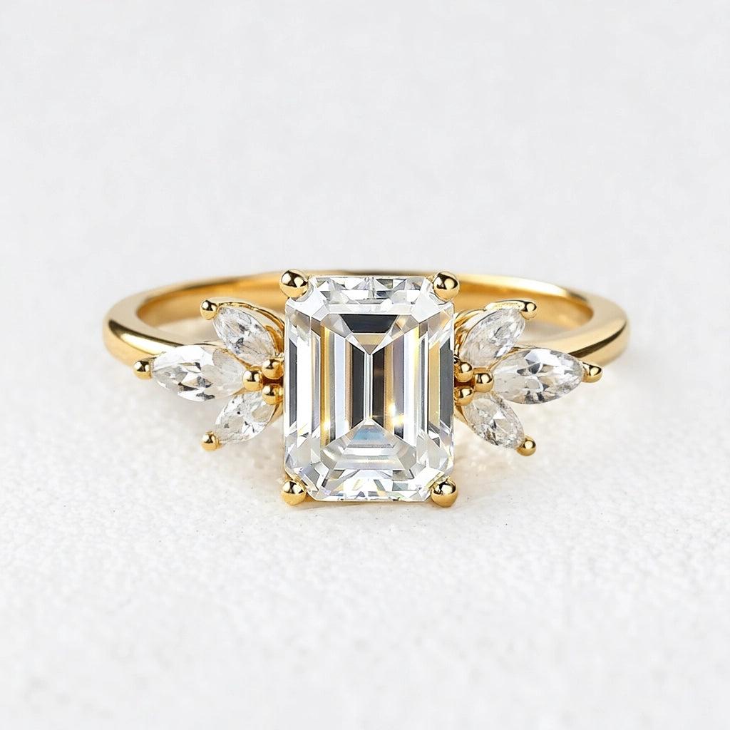 Sylvie’s Lattice | Emerald Cut Moss Agate Cluster Engagement Ring