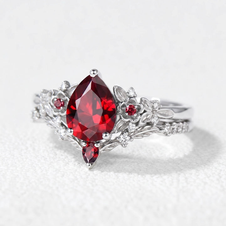 Scarlett’s Twig | Vintage Pear Red Ruby & Diamond Floral Bridal Set 2pcs.