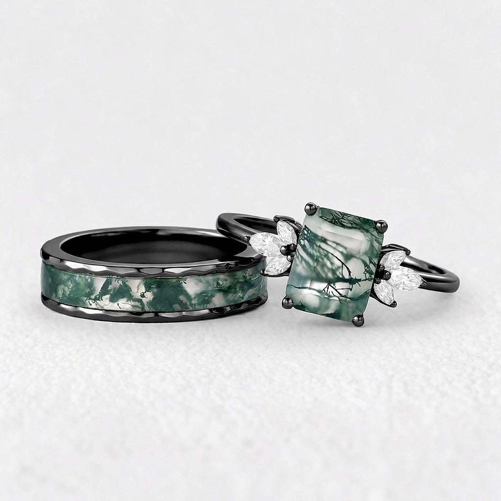 Flora’s Terrace | Emerald Cut Moss Agate Yellow Gold Couple Ring Set 2pcs.