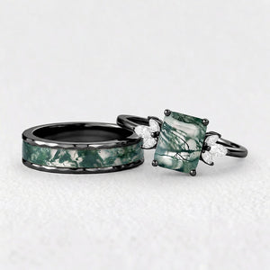 Flora’s Terrace | Emerald Cut Moss Agate Yellow Gold Couple Ring Set 2pcs.