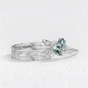 Laurel’s Spinney | Pear Moss Agate Leaf Wedding Band Couple Set 3pcs.