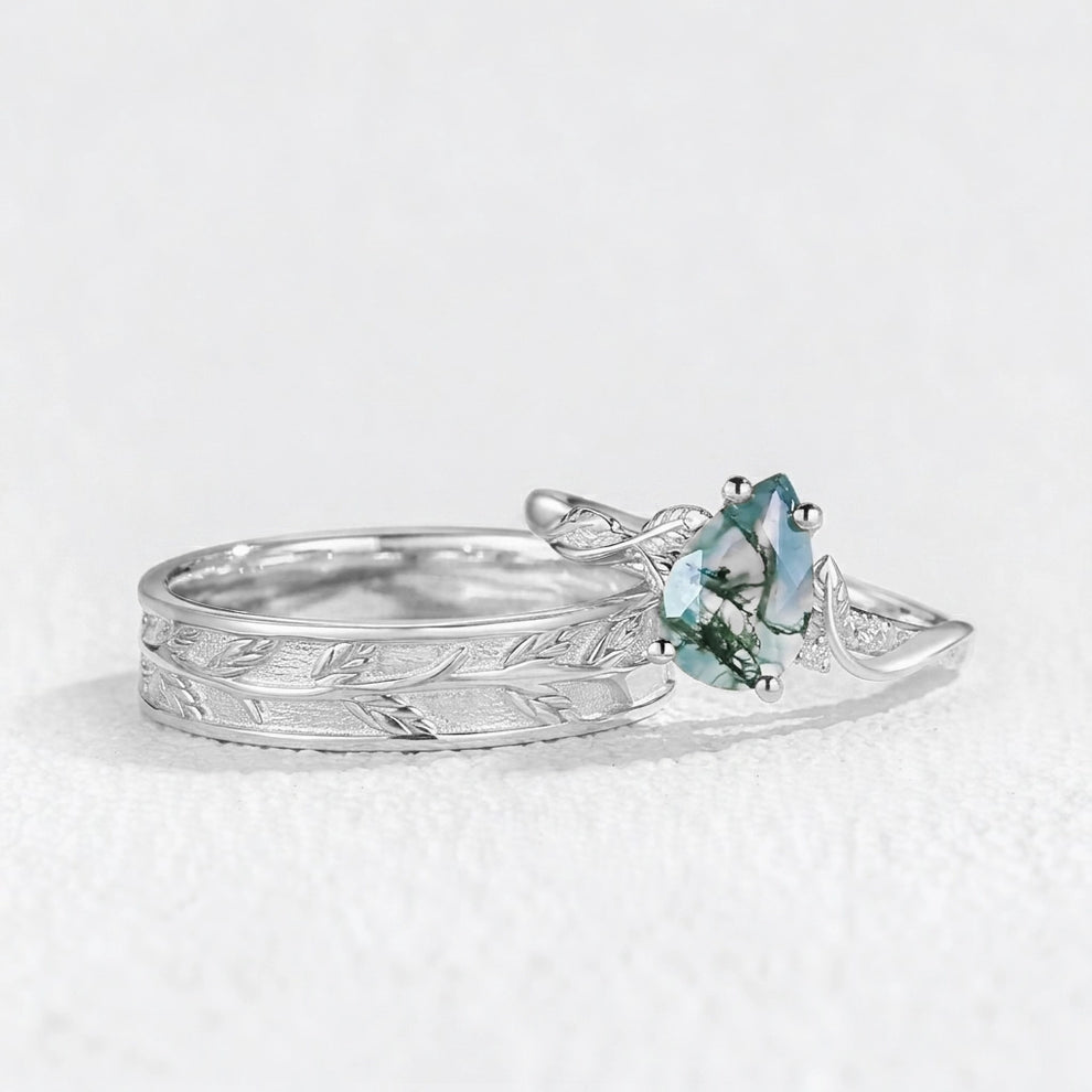 Laurel’s Spinney | Pear Moss Agate Leaf Wedding Band Couple Set 3pcs.