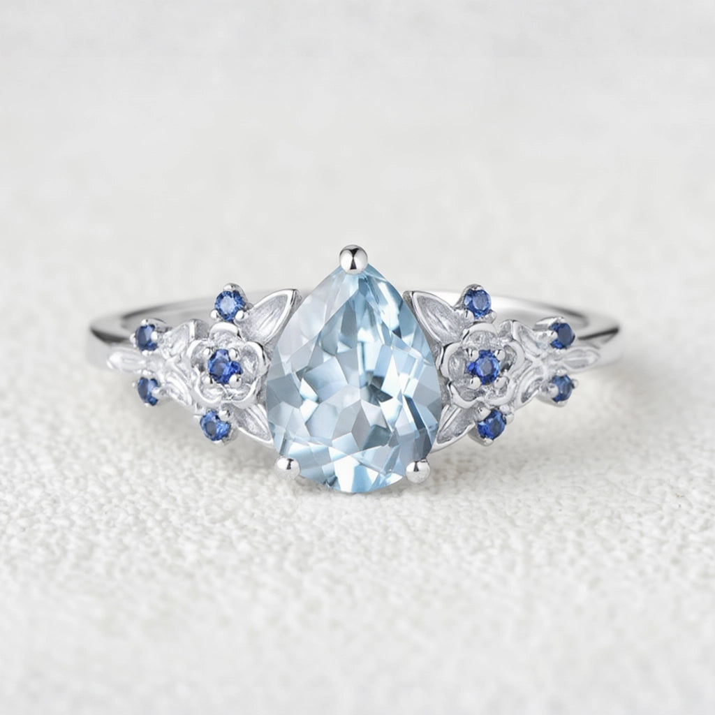 Isolde’s Tide | Vintage Pear Aquamarine & Sapphire Floral Bridal Set 2pcs.