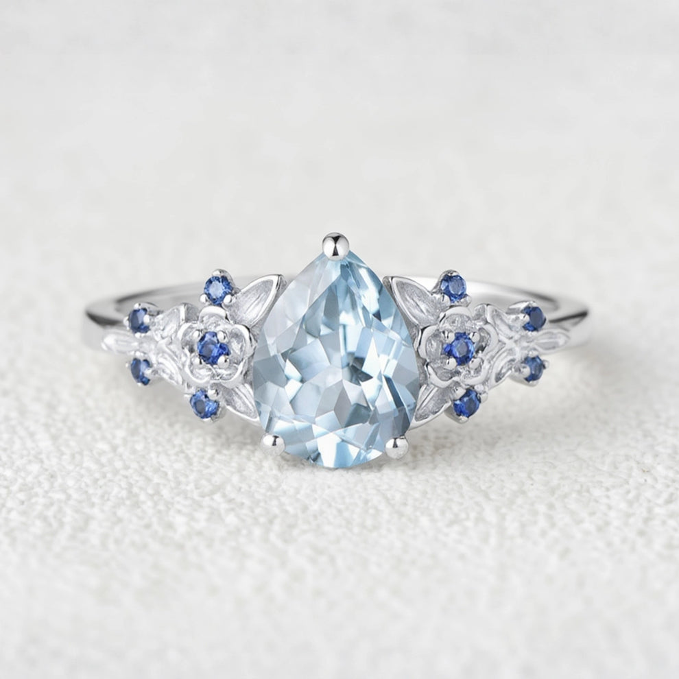 Isolde’s Tide | Vintage Pear Aquamarine & Sapphire Floral Bridal Set 2pcs.