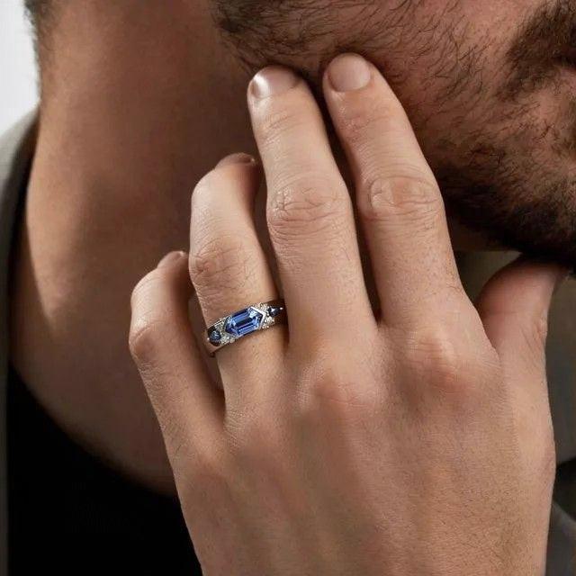 Cobalt Hexagon | Long Hexagon Sapphire Cluster Men's Band.