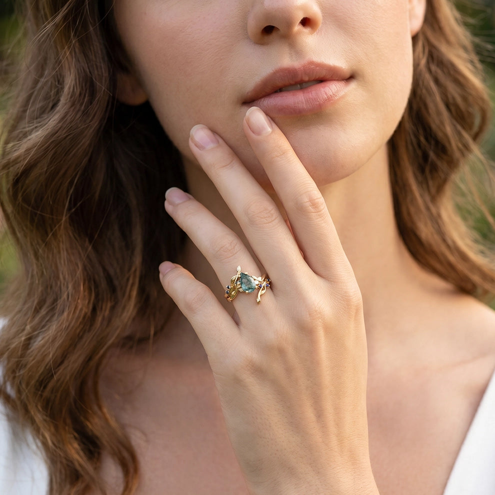 Cressida’s Companion | Moss Agate & Sapphire Engagement Enhancer Ring Set 2pcs.