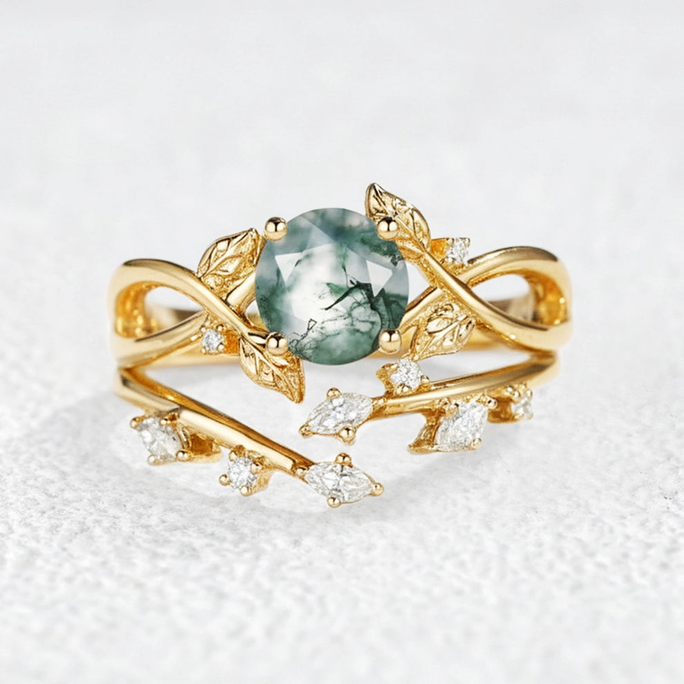 Cordelia Round Cut Moss Agate Leafy Infinity Bridal Set 2pcs.