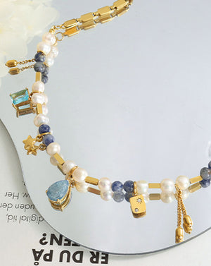 Eclectic Pearl Beaded Gold Chain Gemstone Charm Necklace