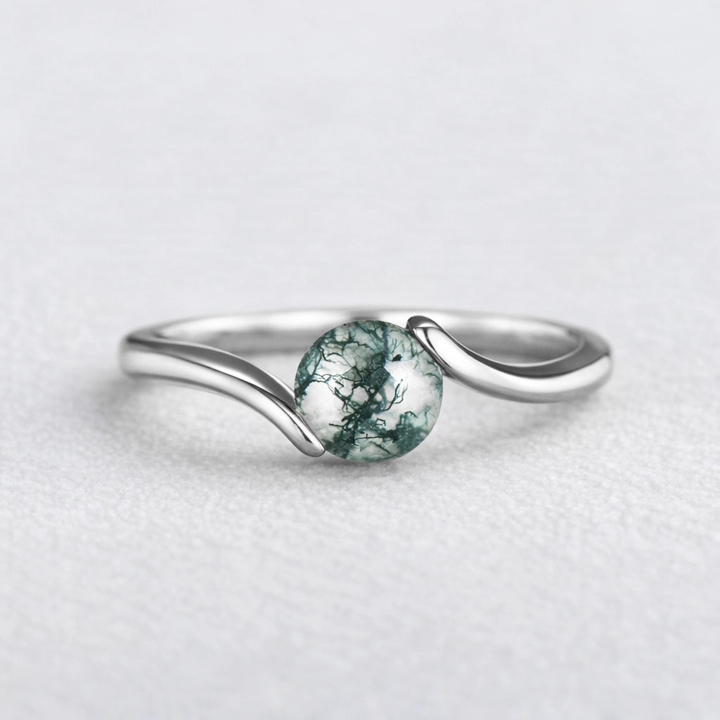 One Stone Duo | Round Moss Agate Couple Ring Set 2pcs.