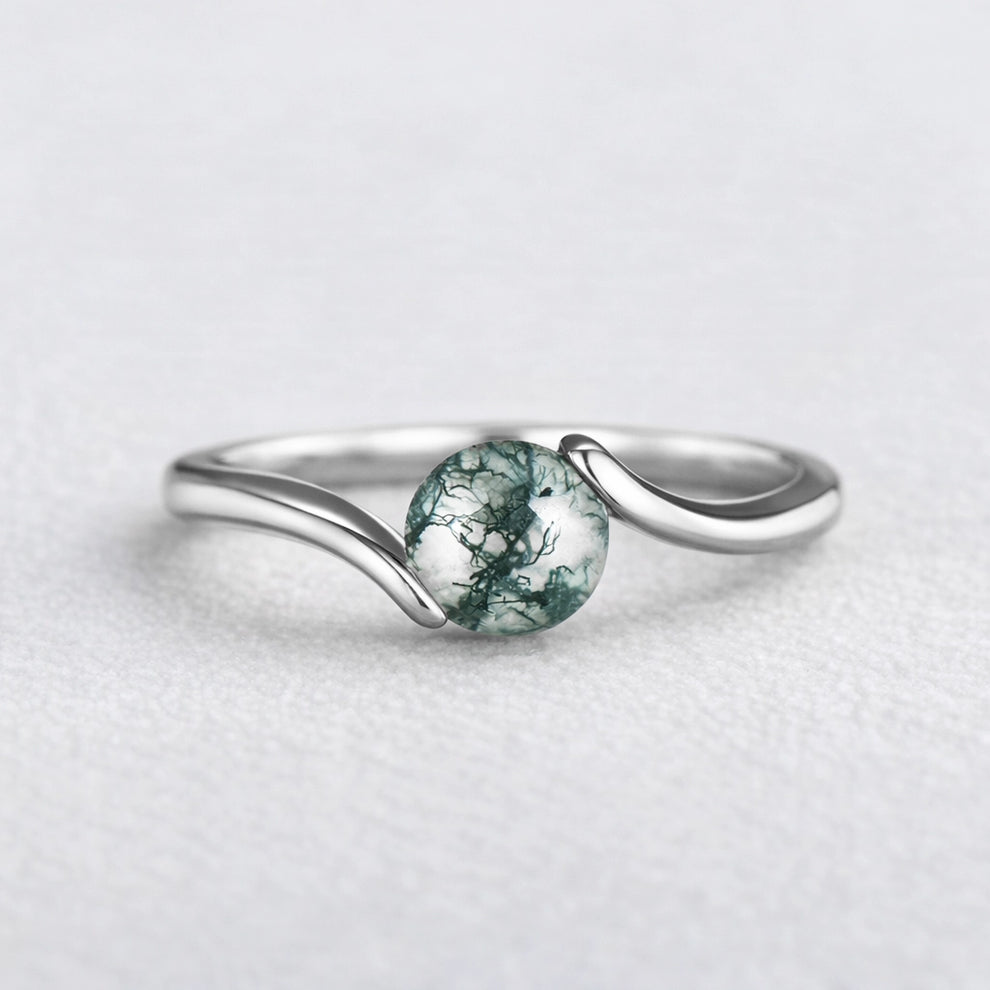 One Stone Duo | Round Moss Agate Couple Ring Set 2pcs.