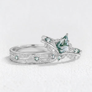 Sylvie’s Bower | Kite Cut Moss Agate Leafy Cluster Couple Ring Set 3pcs.