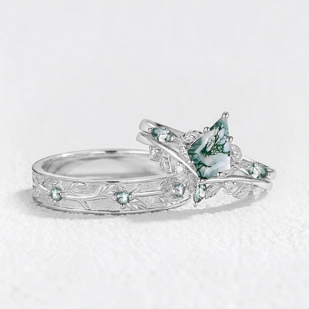 Sylvie’s Bower | Kite Cut Moss Agate Leafy Cluster Couple Ring Set 3pcs.