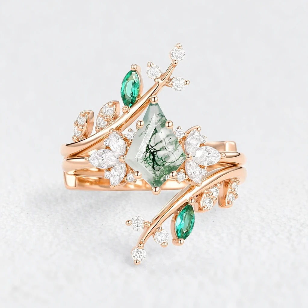 Forest Cage | Kite Cut Moss Agate Leafy Bridal Set 2pcs