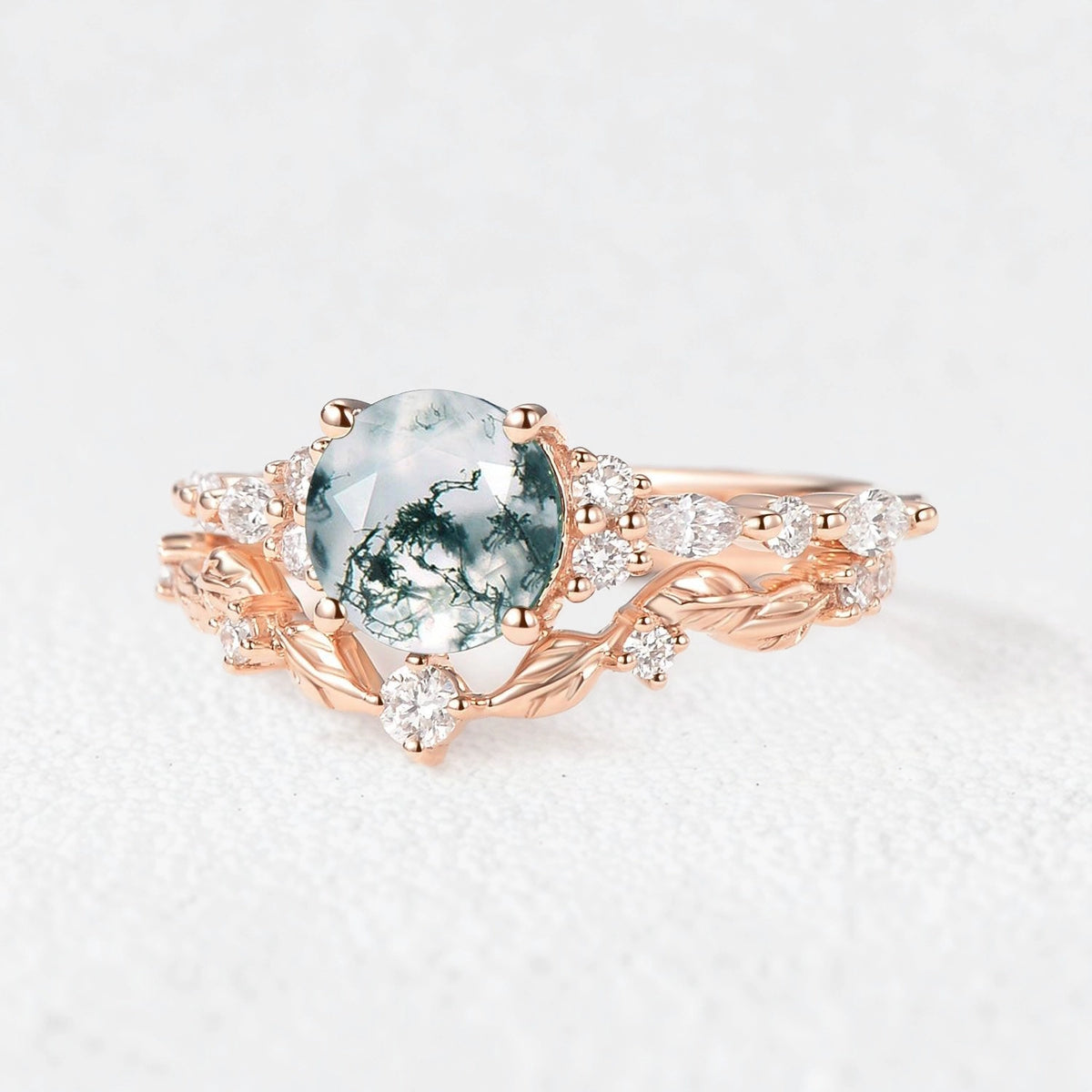 Isadora’s Verdant | Round Moss Agate Vine Engagement Bridal Set 2pcs
