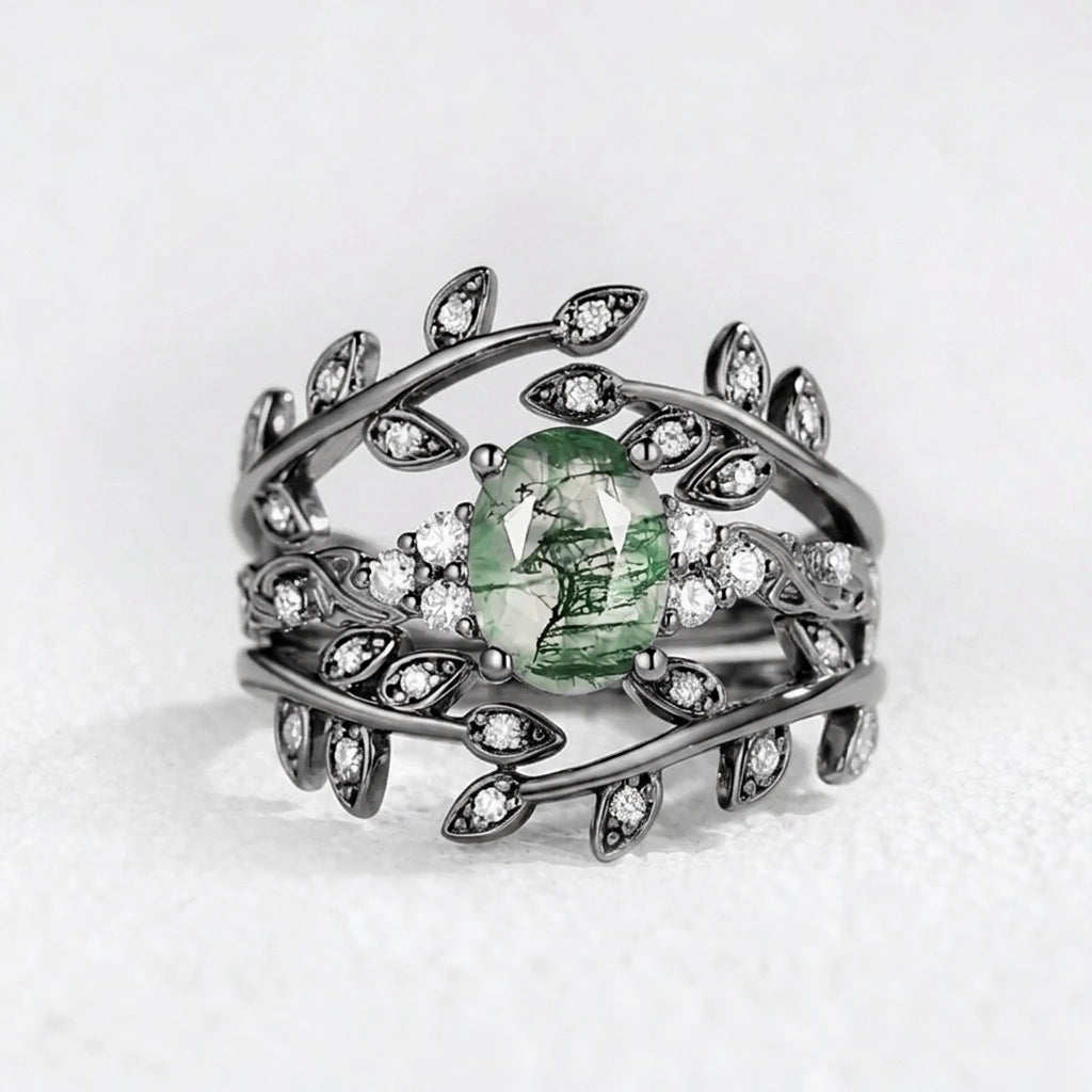 Honorée Moss Agate Leafy Branch Enhancer Ring Set 2pcs.