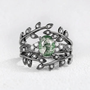 Honorée Moss Agate Leafy Branch Enhancer Ring Set 2pcs.