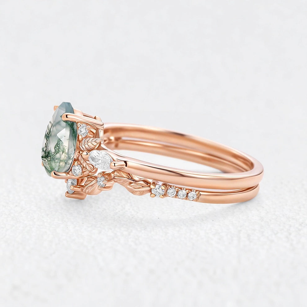 Aurora’s Fairy Bower | Pear Shaped Moss Agate Leafy Bridal Set 2pcs