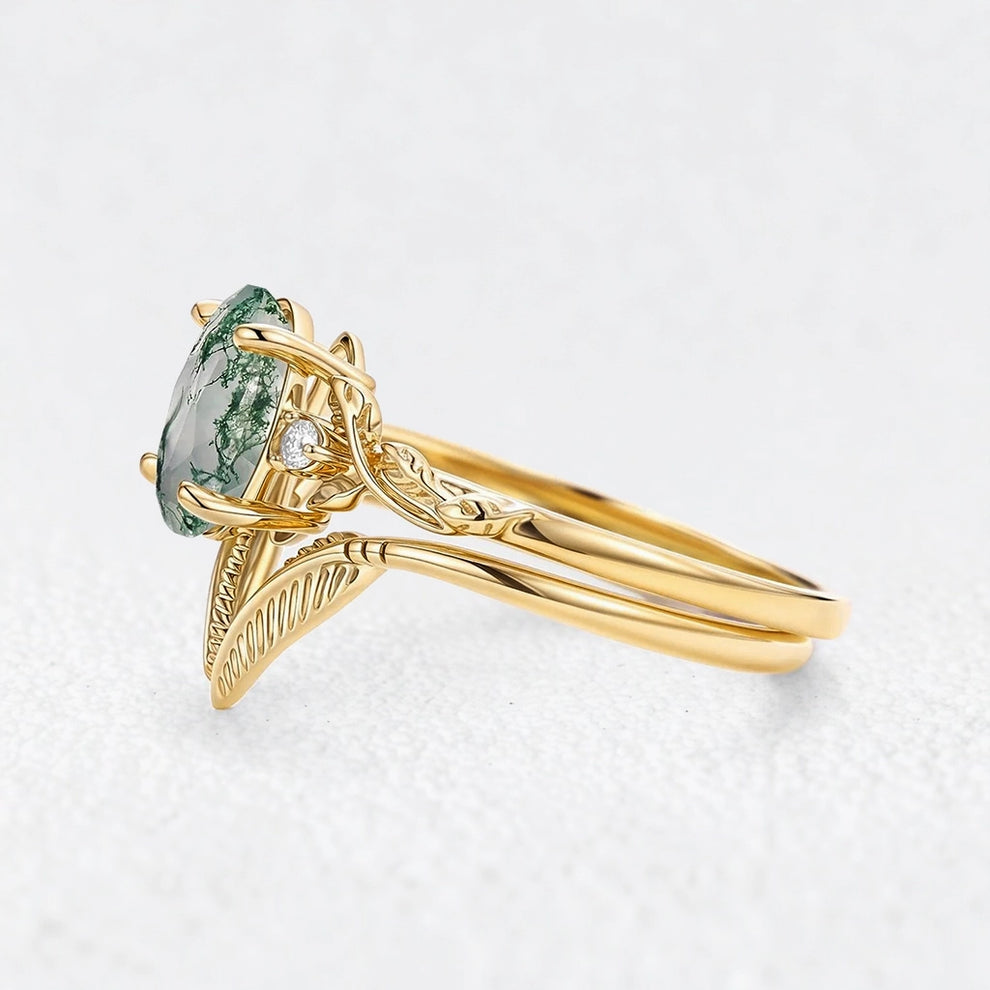 Isadora’s Gilded | Oval Moss Agate Leafy Gold Bridal Duo