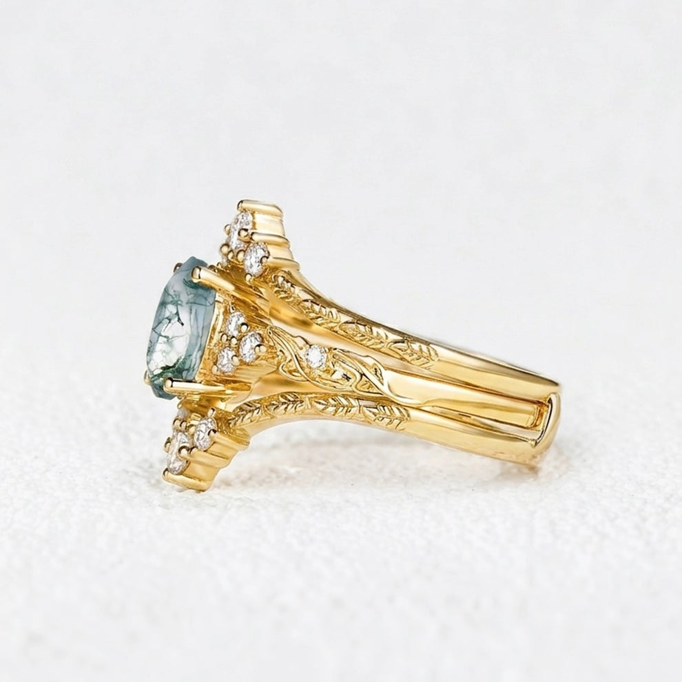 Hazel Blingflare Oval Moss Agate Filigree Ring Bridal Set 2pcs.