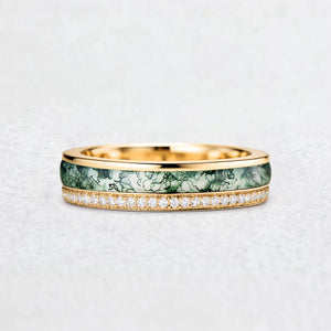 Sylvie’s Confluence | Pear Moss Agate Bridal Set & Full-Bezel Moss Agate & Diamond Band Couple Ring Set 3pcs